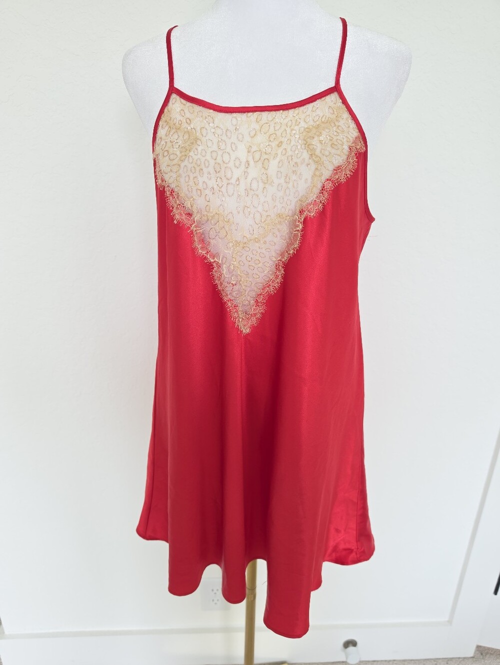 Victoria's Secret Satin Lace Chemise Slip Dress Red Gold Eyelash Lace Y2K M